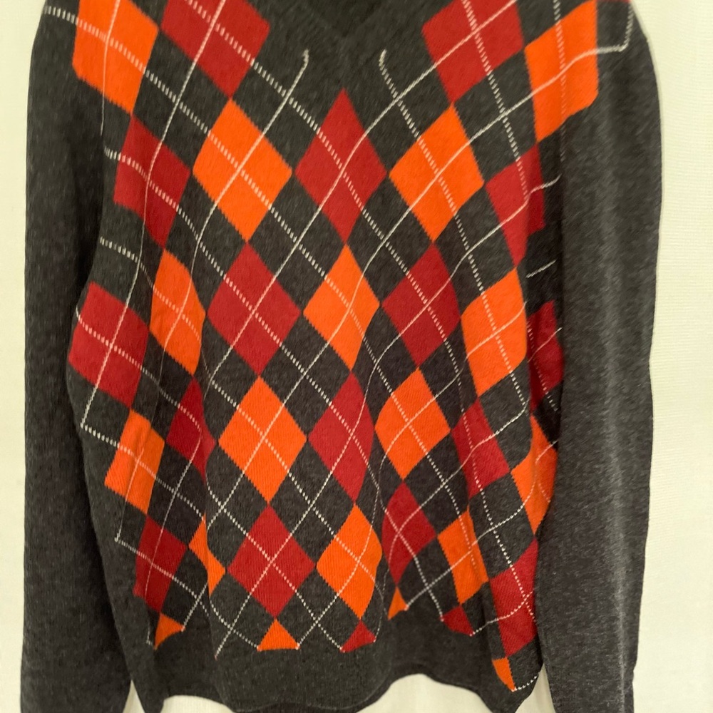 Brooks Brothers V-Neck Argyle Sweater - Charcoal and Orange
